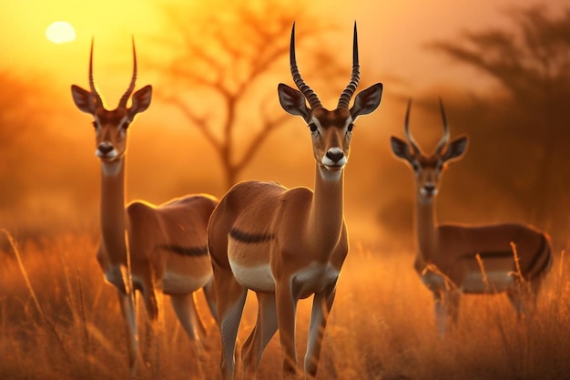 un gregge di antilopi è in piedi in un campo con il sole dietro di loro.