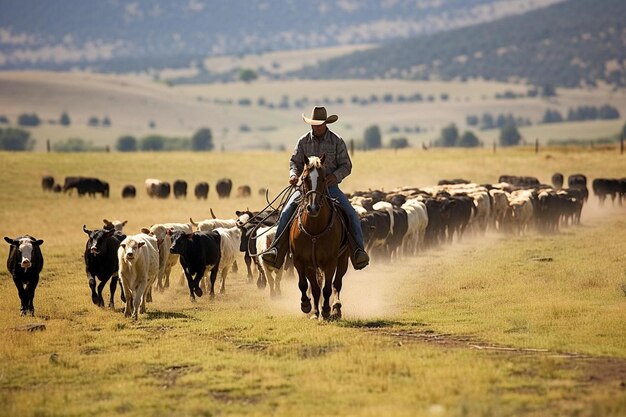 un gregge di bestiame è guidato da un uomo su un cavallo