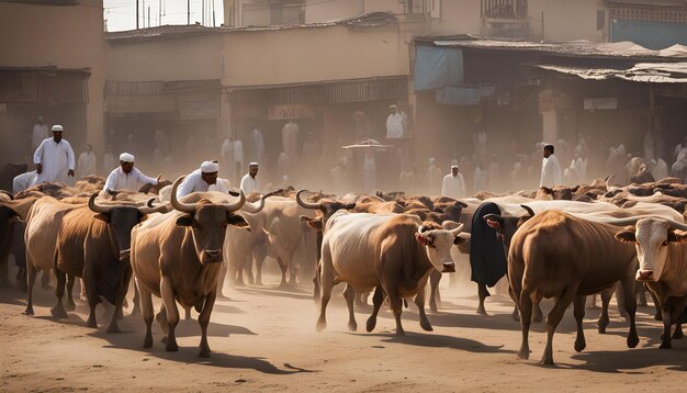 un gregge di bestiame sta camminando lungo una strada di terra