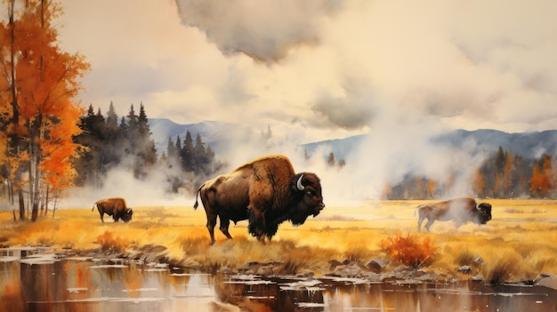 Un gregge di bisonti in autunno a Yellowstone