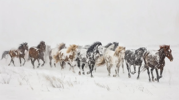 un gregge di cavalli che corrono nella neve