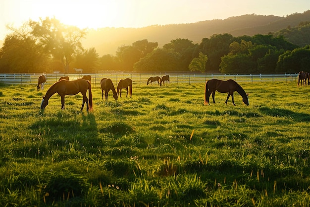Un gregge di cavalli che pascolano pacificamente in un lussureggiante grano generativo ai
