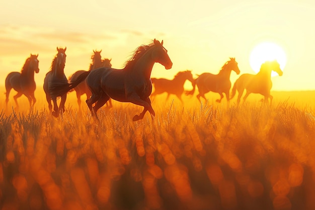 Un gregge di cavalli galoppa su un fiume di grano dorato