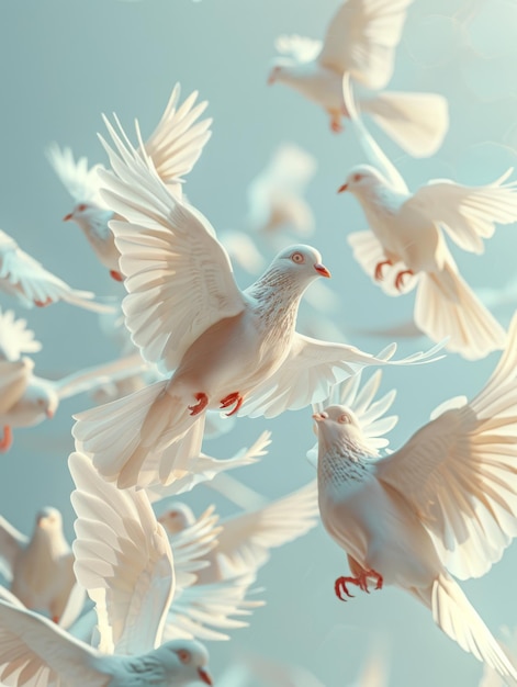 un gregge di colombe bianche con i piedi rossi e un piccione bianco che vola nell'aria