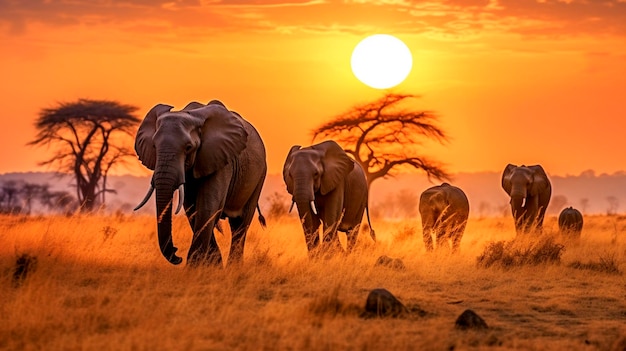 Un gregge di elefanti che cammina su un campo di erba secca al tramonto con il sole sullo sfondo e alcuni alberi in primo piano