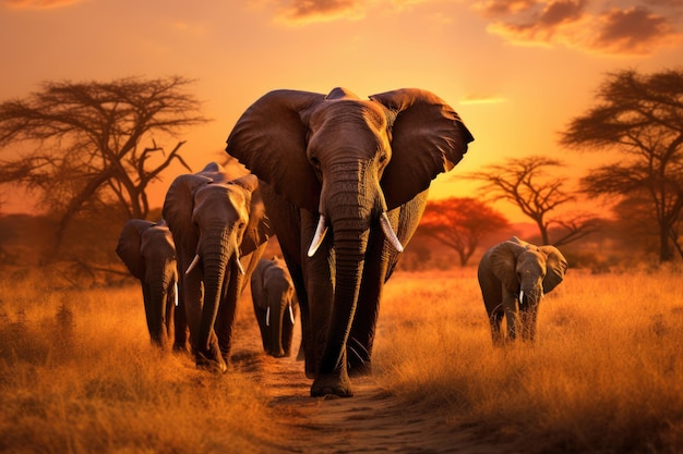 Un gregge di elefanti nella savana al tramonto