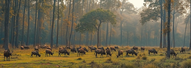 Un gregge di gaur che pascolano tranquillamente in una radura nel bosco Il mondo naturale e la fauna selvatica