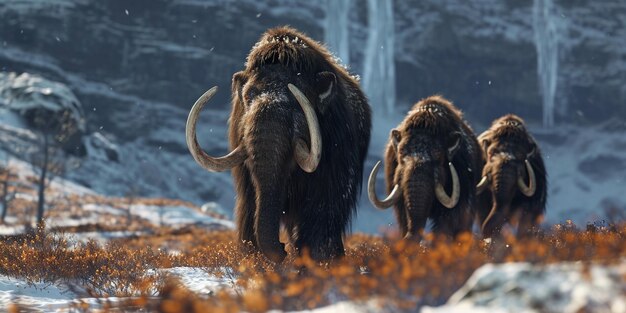 Un gregge di mammut preistorici dell'era glaciale che vagano nella tundra artica