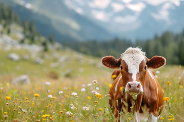 Un gregge di mucche su un campo erboso durante l'estate con le montagne sullo sfondo Generative AI