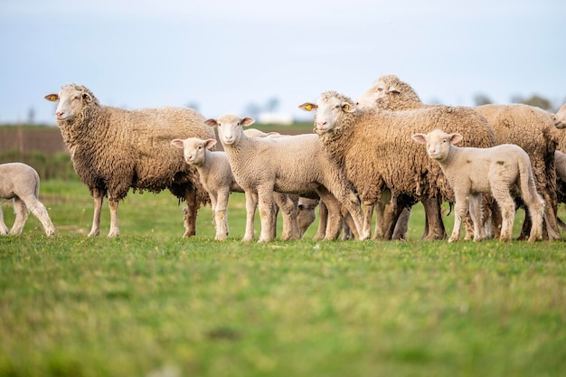 Un gregge di pecore con un agnello in piedi su un terreno agricolo