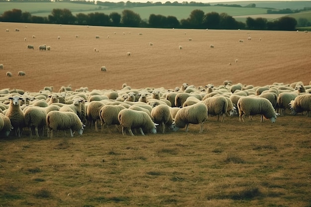 Un gregge di pecore pascola in un campo con un campo sullo sfondo.