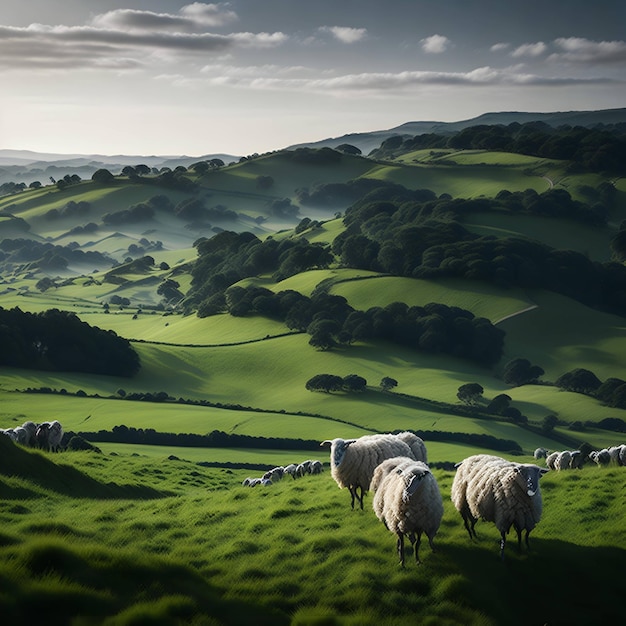 Un gregge di pecore si trova in un campo con colline e alberi sullo sfondo.