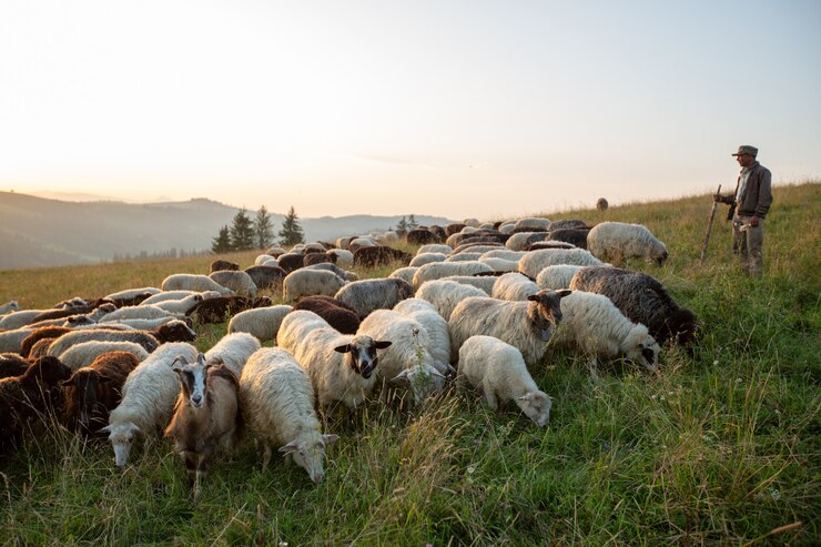 Foto un gregge di pecore su una collina sotto i raggi del tramonto.