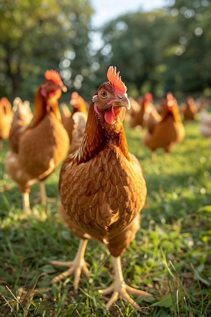 Un gregge di polli vaga nel paddock verde pollo all'aperto in una fattoria avicola tradizionale