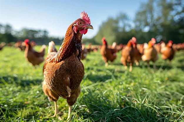 Un gregge di polli vaga nel paddock verde pollo all'aperto in una fattoria avicola tradizionale