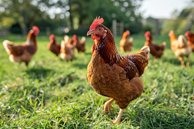 Un gregge di polli vaga nel paddock verde pollo all'aperto in una fattoria avicola tradizionale
