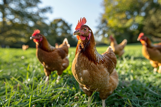 Un gregge di polli vaga nel paddock verde pollo all'aperto in una fattoria avicola tradizionale