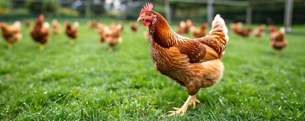 Un gregge di polli vaga nel paddock verde pollo all'aperto in una fattoria avicola tradizionale