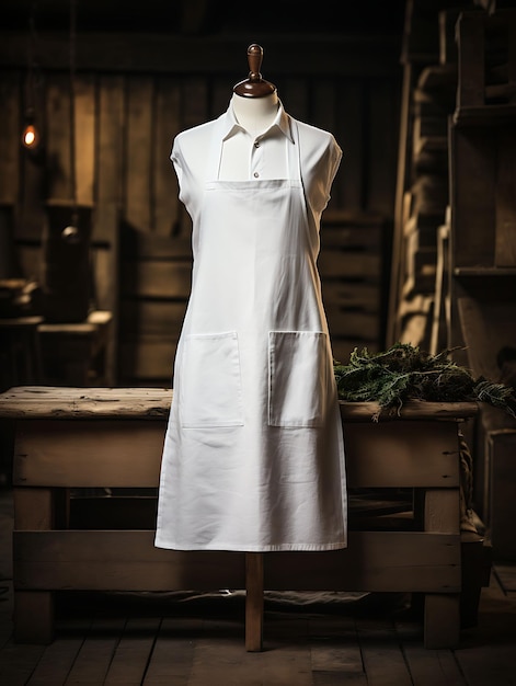 Un grembiule da chef bianco pulito e vuoto in un concetto di servizio fotografico di scena di grembiule con giacca da chef Rusti