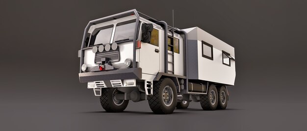 Un grosso camion bianco su fondo grigio, preparato per lunghe e difficili spedizioni in una zona remota. Camion con casa su ruote. illustrazioni 3D.