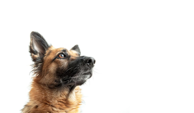 Un grosso cane che guarda su uno sfondo bianco