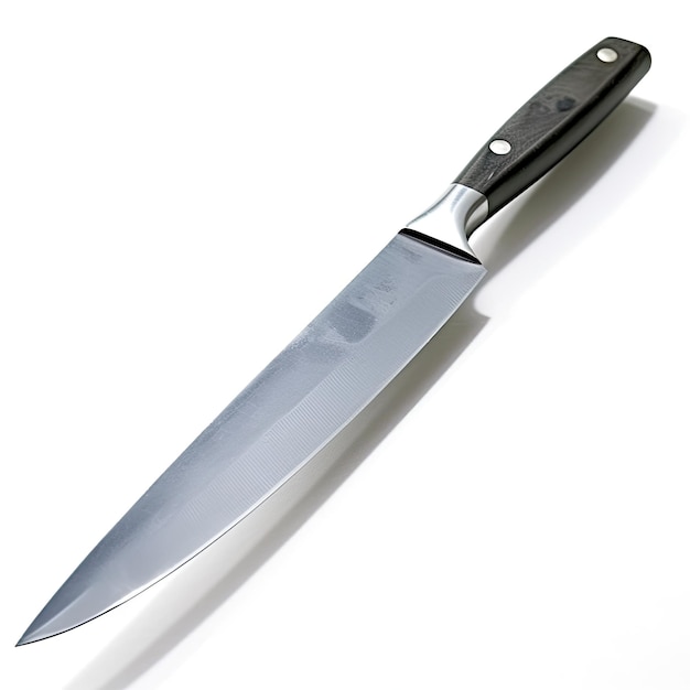 Un grosso coltello con manico nero è adagiato su una superficie bianca.