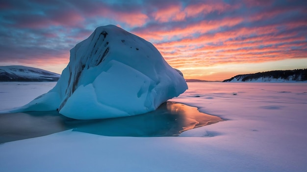 Un grosso e bellissimo pezzo di ghiaccio all'alba in inverno