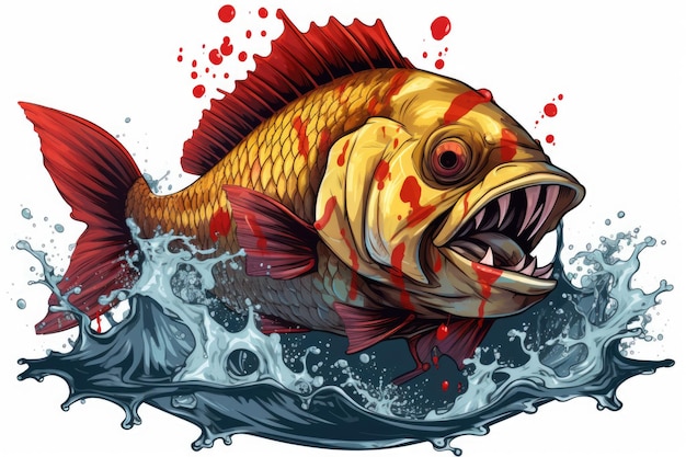 Un grosso pesce con denti aguzzi e sangue sulla faccia ha contaminato l'acqua di un pesce radioattivo