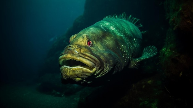 Un grosso pesce con un occhio rosso sta nuotando nell'oceano.