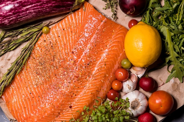 Un grosso pezzo di filetto di salmone fresco sul tavolo con le verdure