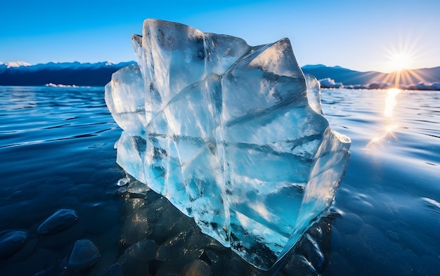 Un grosso pezzo di ghiaccio galleggia nell'acqua.