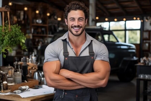 Un grosso tizio nel suo garage sta riparando il suo pick-up.