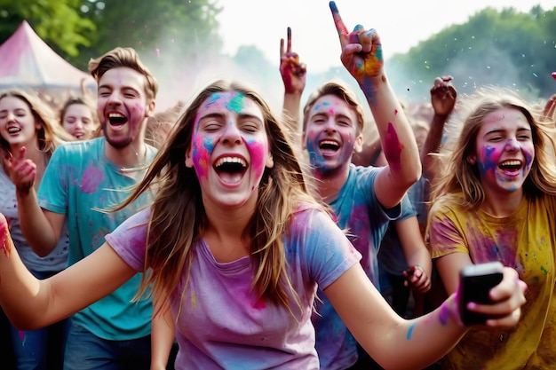 un gruppo affollato di giovani che ballano applaudono e festeggiano in una festa estiva fuori di giorno ridono urlano e sono felici e si divertono holi fest spruzzi colorati