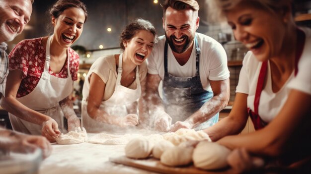 Un gruppo allegro con le mani ricoperte di farina che ride e cuoce insieme in un'accogliente cucina che incarna amicizia e collaborazione