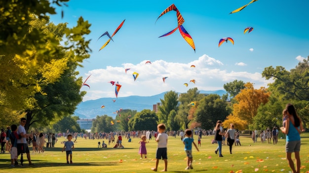 Un gruppo allegro di persone in un parco che si alzano con aquiloni colorati in alto nel cielo in una giornata di sole