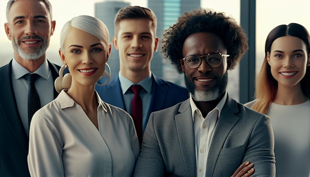 Un gruppo aziendale diversificato sorride Persone in piedi in un ufficio con vista sulla città che sorridono e guardano la fotocamera dopo aver completato il lavoro IA generativa