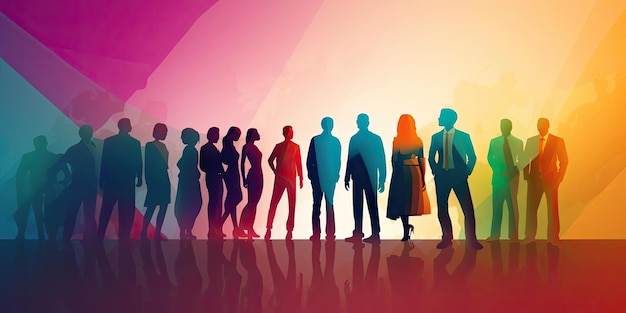 un gruppo colorato di persone con sfondi nello stile di figure di silhouette