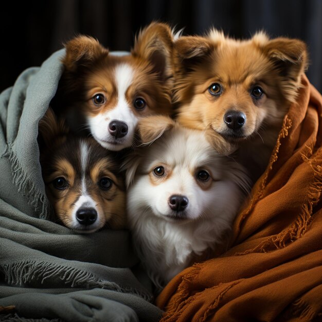 Un gruppo di adorabili cuccioli rannicchiati sotto un'accogliente coperta