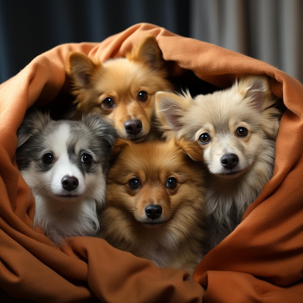 Un gruppo di adorabili cuccioli rannicchiati sotto un'accogliente coperta