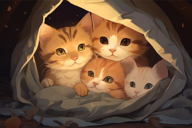 Un gruppo di adorabili gattini dei cartoni animati di anime rannicchiati insieme in un accogliente fortino coperto