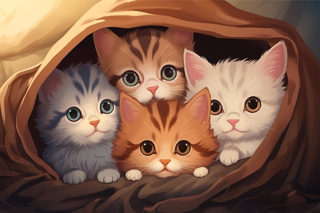 Un gruppo di adorabili gattini dei cartoni animati di anime rannicchiati insieme in un accogliente fortino coperto