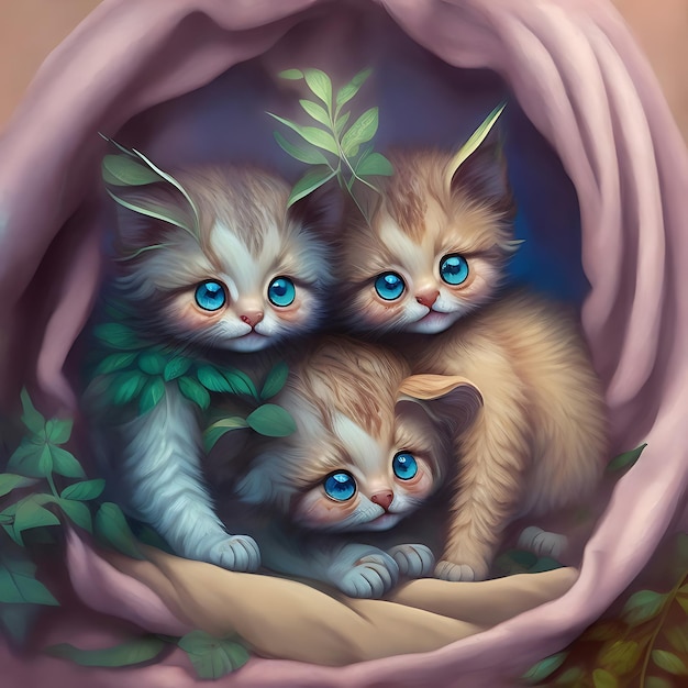Un gruppo di adorabili gattini insieme in un'accogliente coperta con uno sfondo colorato AI generativo