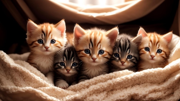 Un gruppo di adorabili gattini rannicchiati insieme in un'accogliente coperta fort ai generata