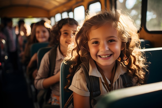 Un gruppo di adorabili scolari seduti su un autobus scolastico che va a scuola Generative Ai