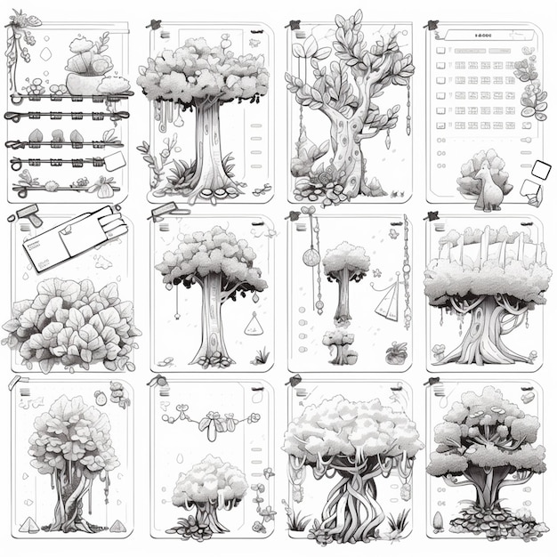 un gruppo di alberi diversi e alberi con diverse forme generative ai