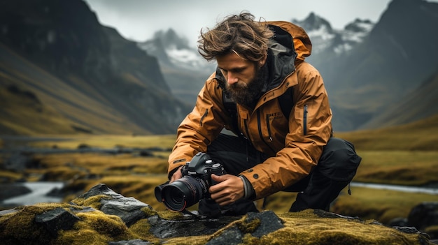 Un gruppo di alpinisti in viaggio con una macchina fotografica