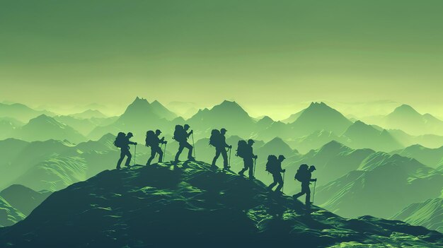 Un gruppo di alpinisti sale su una ripida vetta della montagna Le silhouette degli alpinisti sono sullo sfondo di montagne innevate