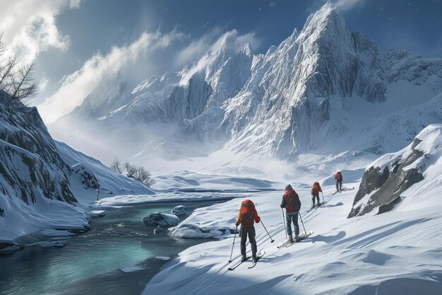 Un gruppo di alpinisti sale sulla cima di una montagna innevata Il concetto di viaggio