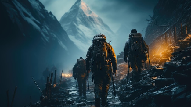 Un gruppo di alpinisti sta camminando verso la cima della montagna