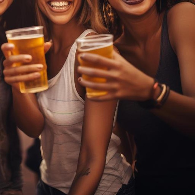 un gruppo di amiche che festeggiano con la birra in un parco divertimenti